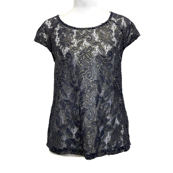 Zara Trafaluc Blue & Gold Sheer Floral Lace Open Back Top - Picture 1 of 8